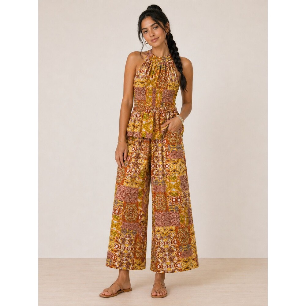 Christian Siriano 2 Pc Set Size M Patchwork Halter Top Wide Leg Pants Festival